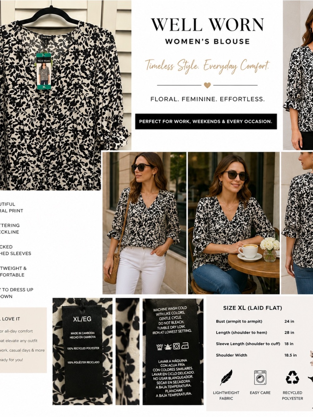 Well Worn Women’s XL Black White Floral Blouse NWT V-Neck Smocked Sleeve Top